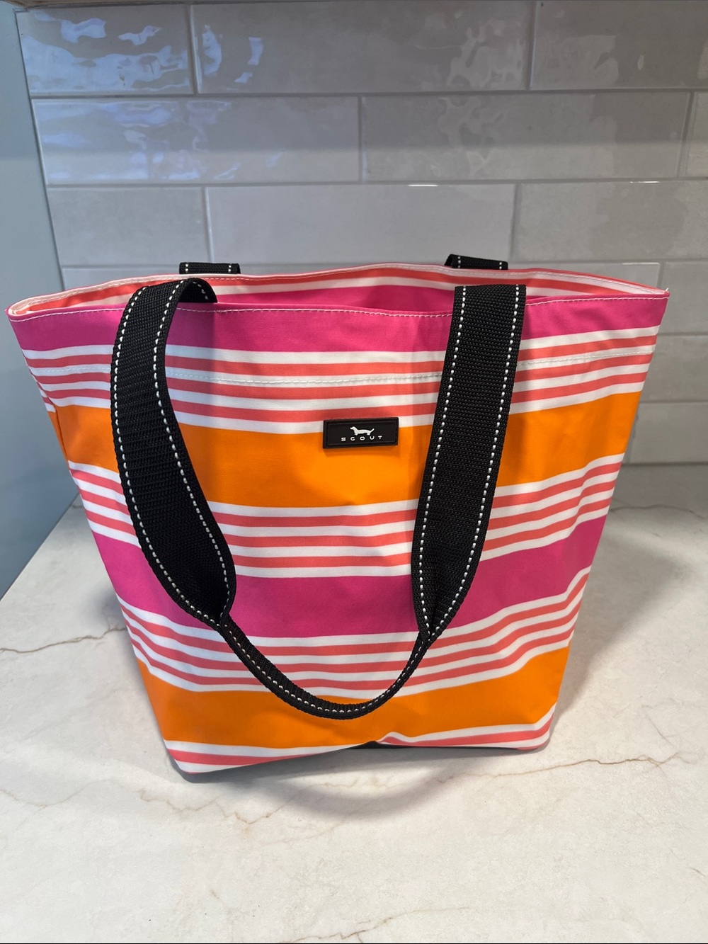 Scout Pink and Orange Striped Tote with Black Handles
